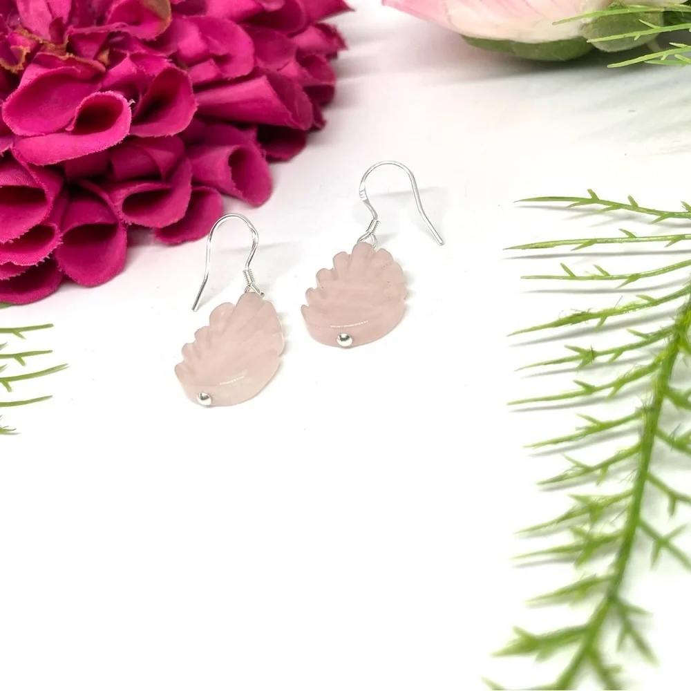 NEW⚜️Carved ROSE QUARTZ Petal Sterling Silver Earrings